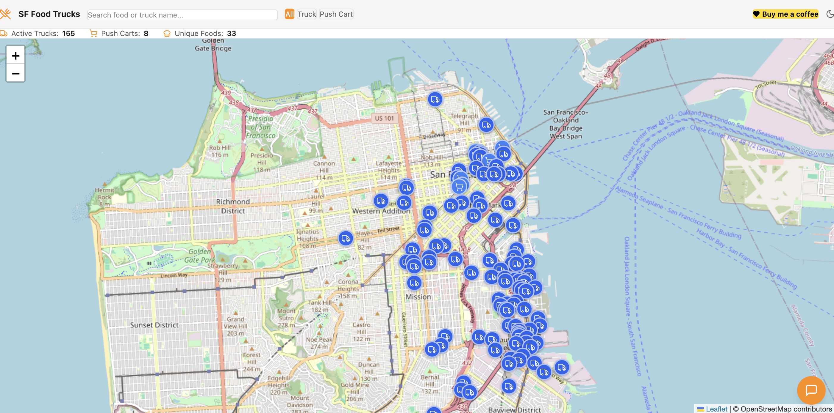 SF Food Trucks — powered by WorkWeek, showing interactive map with 155 active food trucks across San Francisco